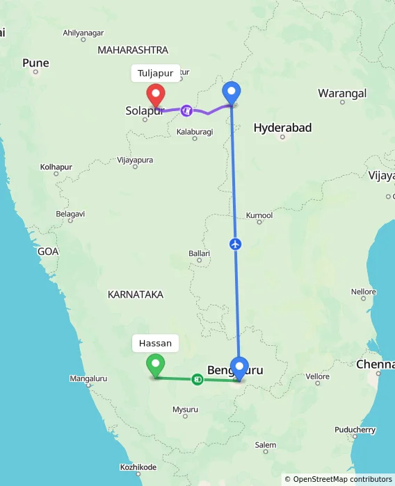 Route map showing distance and travel time from Hassan, India to Tuljapur, India