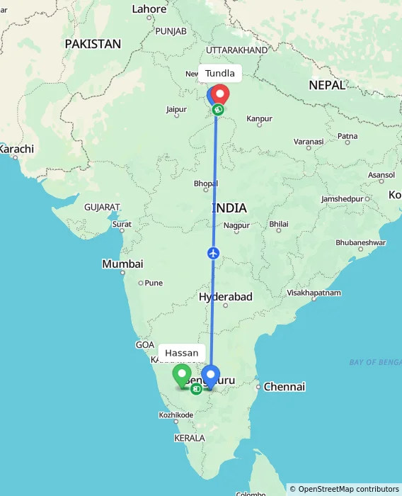 Route map showing distance and travel time from Hassan, India to Tundla, India