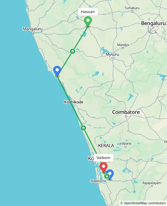 Route map showing distance and travel time from Hassan, India to Vaikom, India