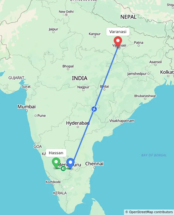 Route map showing distance and travel time from Hassan, India to Varanasi, India
