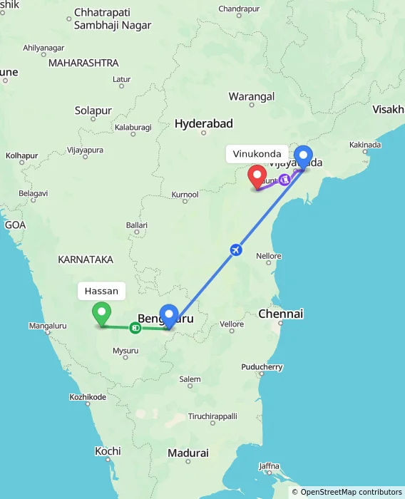 Route map showing distance and travel time from Hassan, India to Vinukonda, India