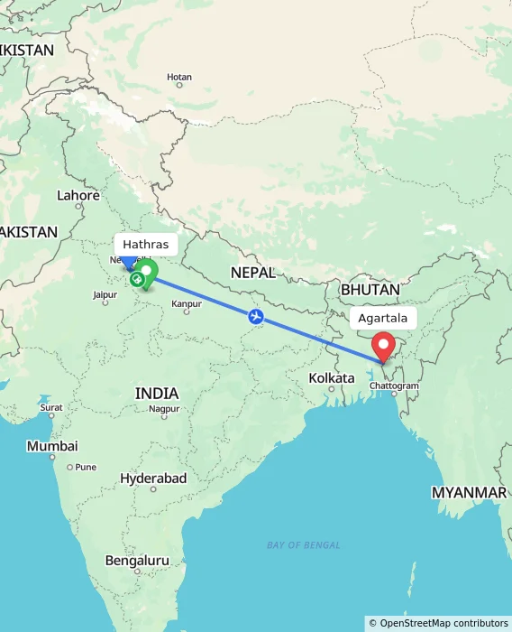 Route map showing distance and travel time from Hathras, India to Agartala, India