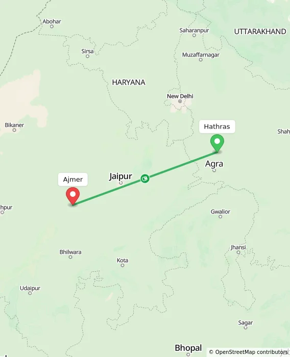 Route map showing distance and travel time from Hathras, India to Ajmer, India