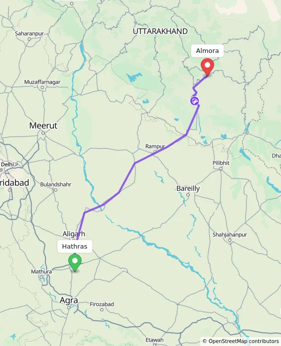 Route map showing distance and travel time from Hathras, India to Almora, India