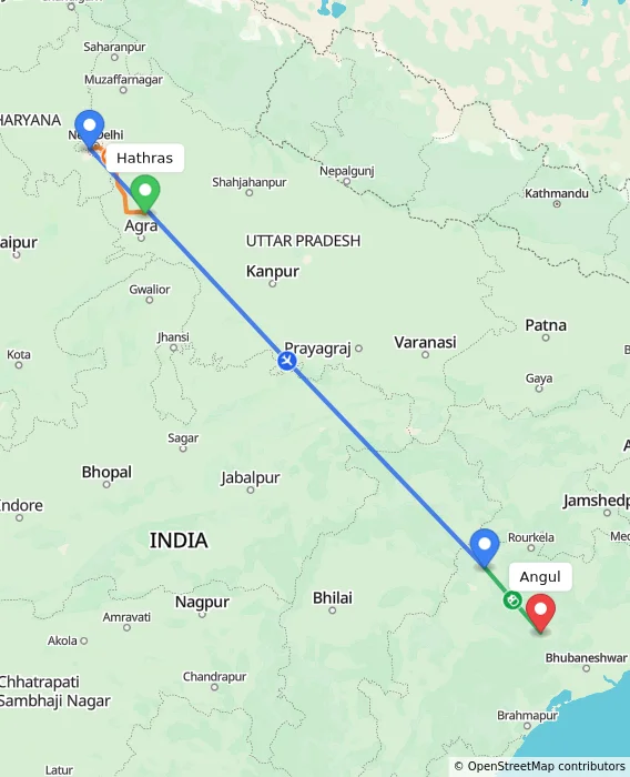 Route map showing distance and travel time from Hathras, India to Angul, India