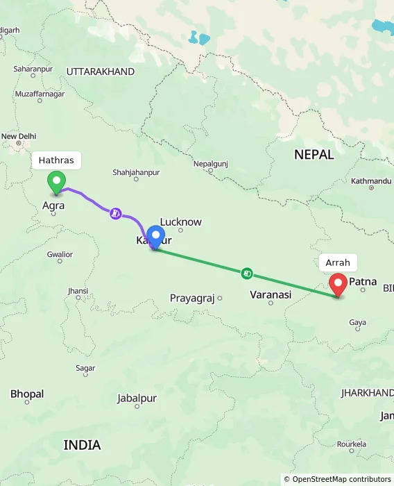 Route map showing distance and travel time from Hathras, India to Arrah, India