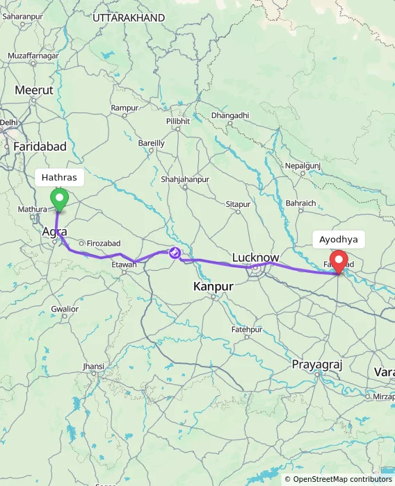 Route map showing distance and travel time from Hathras, India to Ayodhya, India