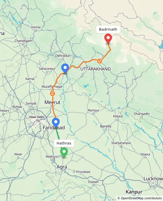 Route map showing distance and travel time from Hathras, India to Badrinath, India