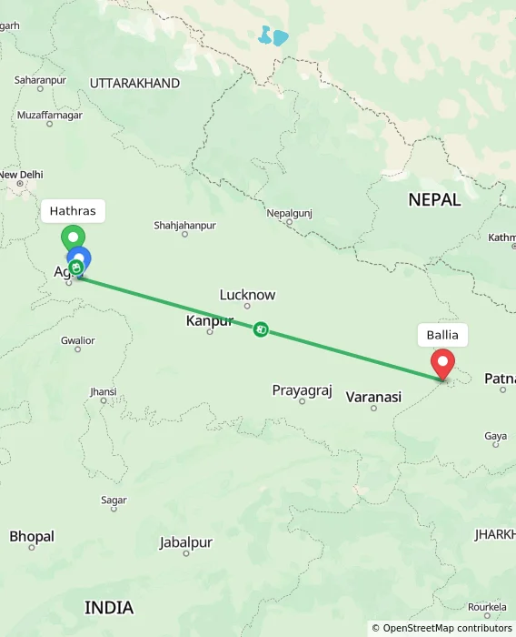 Route map showing distance and travel time from Hathras, India to Ballia, India