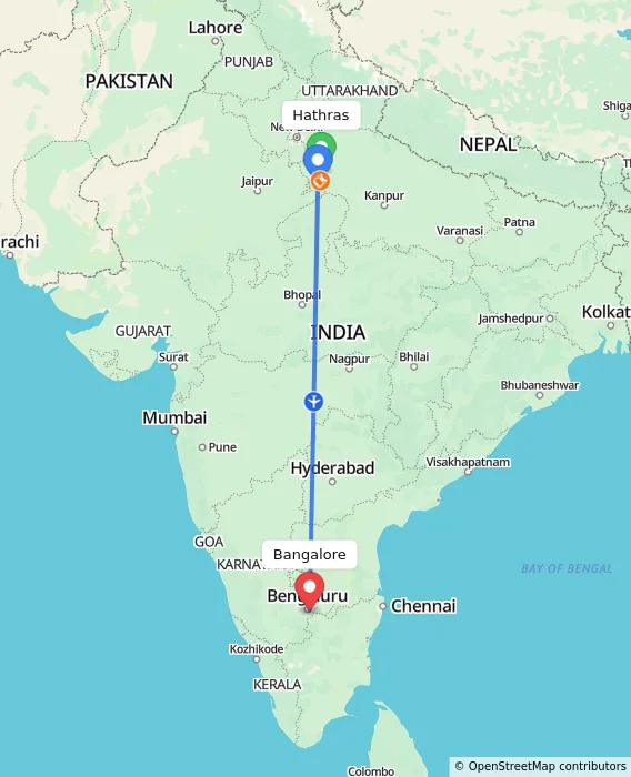 Route map showing distance and travel time from Hathras, India to Bangalore, India