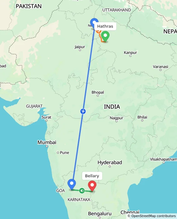 Route map showing distance and travel time from Hathras, India to Bellary, India