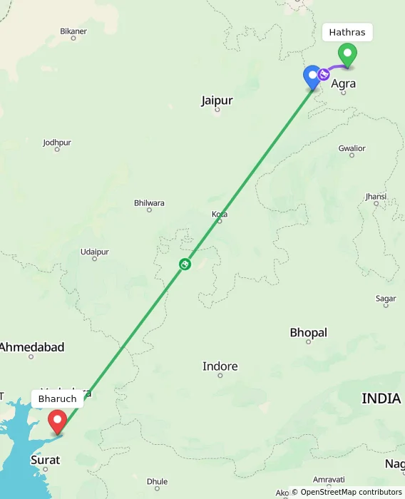 Route map showing distance and travel time from Hathras, India to Bharuch, India