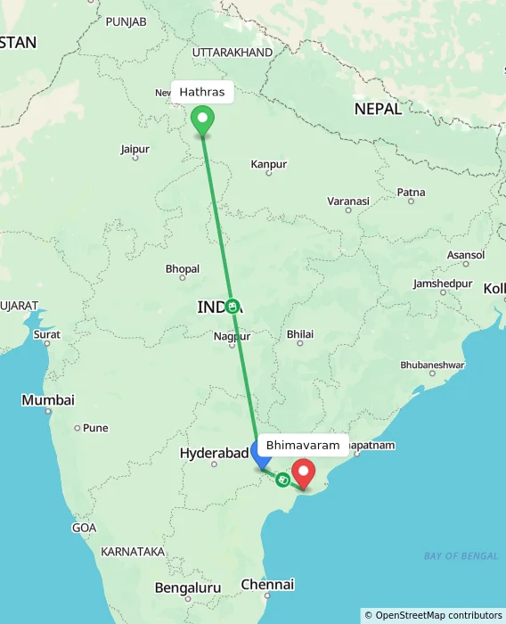 Route map showing distance and travel time from Hathras, India to Bhimavaram, India
