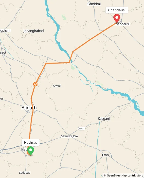 Route map showing distance and travel time from Hathras, India to Chandausi, India