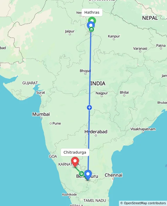 Route map showing distance and travel time from Hathras, India to Chitradurga, India