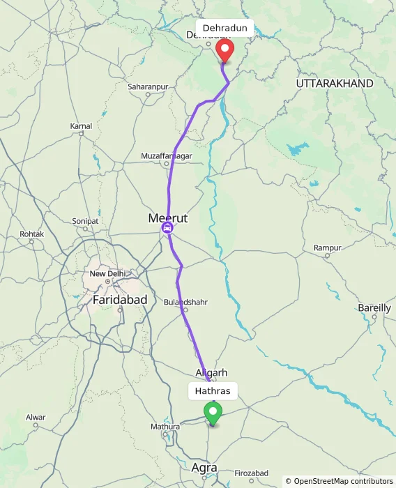 Route map showing distance and travel time from Hathras, India to Dehradun, India
