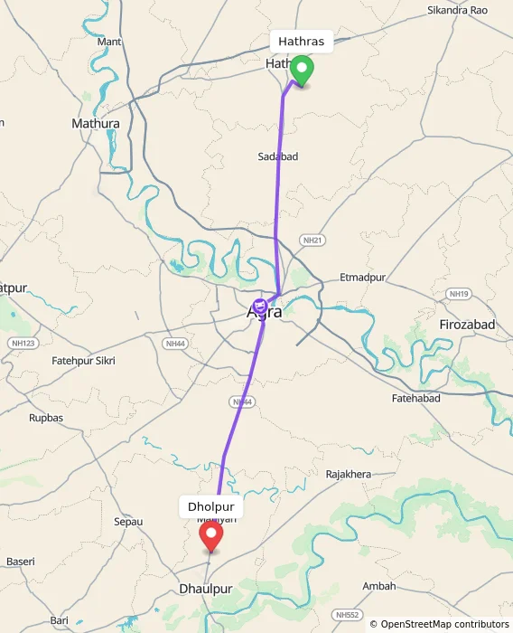 Route map showing distance and travel time from Hathras, India to Dholpur, India