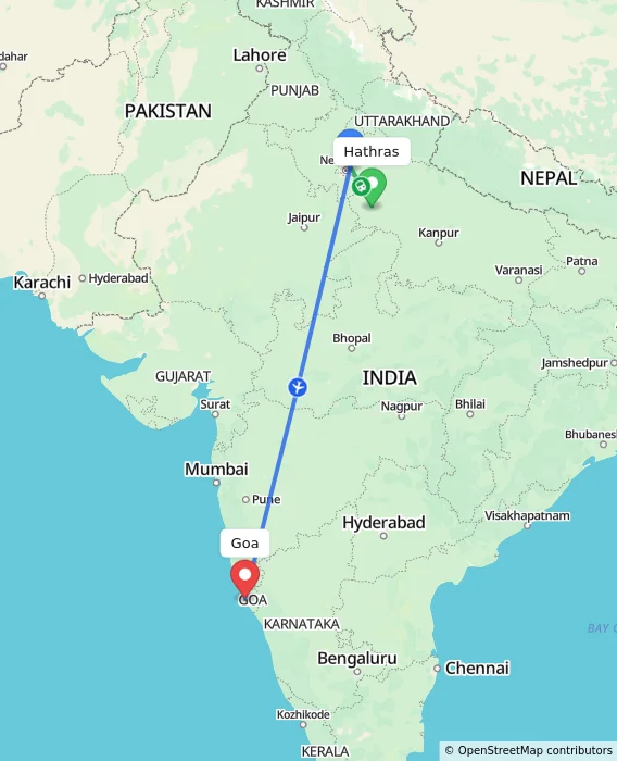 Route map showing distance and travel time from Hathras, India to Goa, India