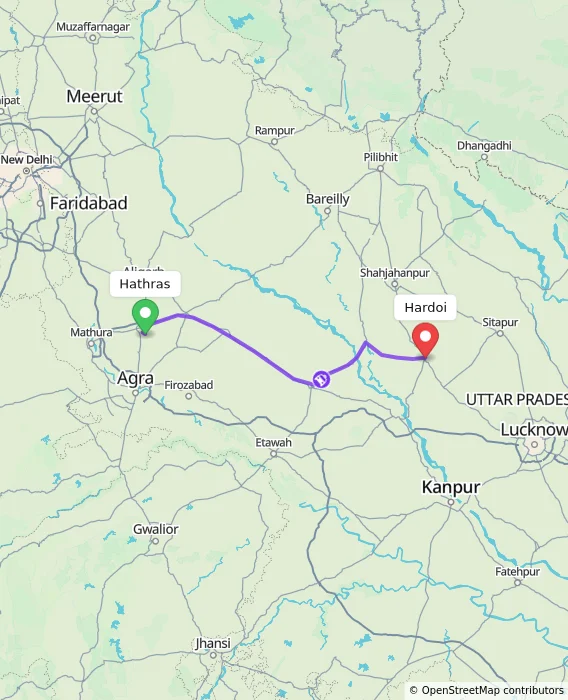 Route map showing distance and travel time from Hathras, India to Hardoi, India