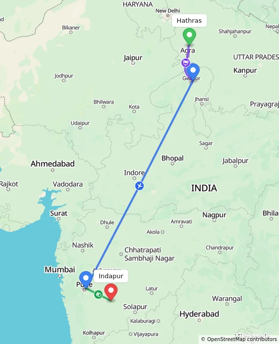Route map showing distance and travel time from Hathras, India to Indapur, India