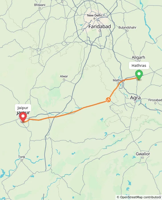 Route map showing distance and travel time from Hathras, India to Jaipur, India