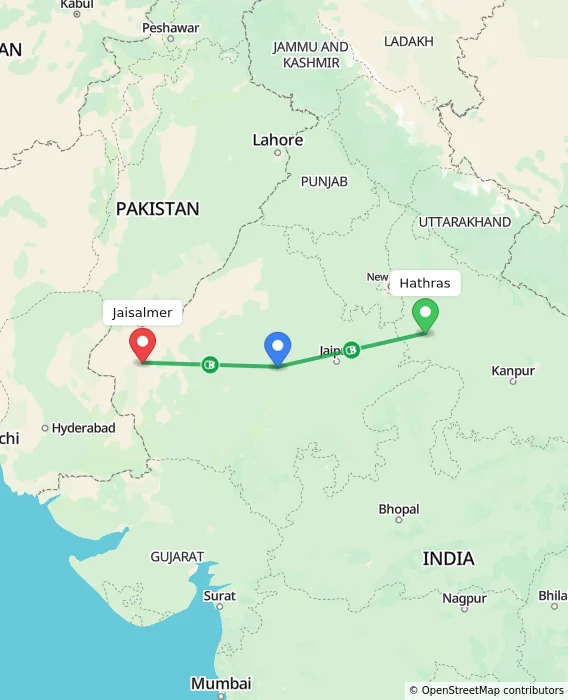 Route map showing distance and travel time from Hathras, India to Jaisalmer, India