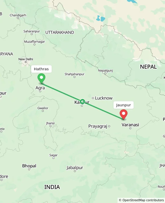 Route map showing distance and travel time from Hathras, India to Jaunpur, India