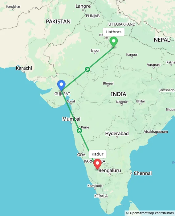 Route map showing distance and travel time from Hathras, India to Kadur, India
