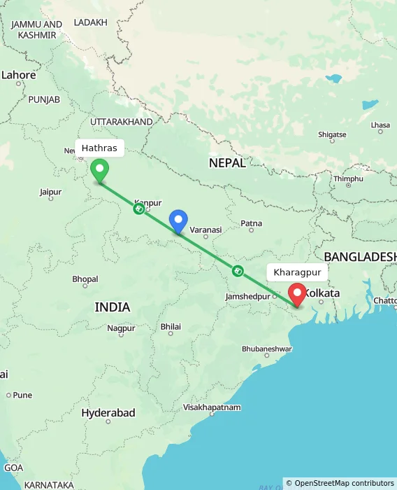 Route map showing distance and travel time from Hathras, India to Kharagpur, India
