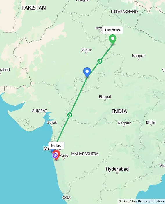 Route map showing distance and travel time from Hathras, India to Kolad, India