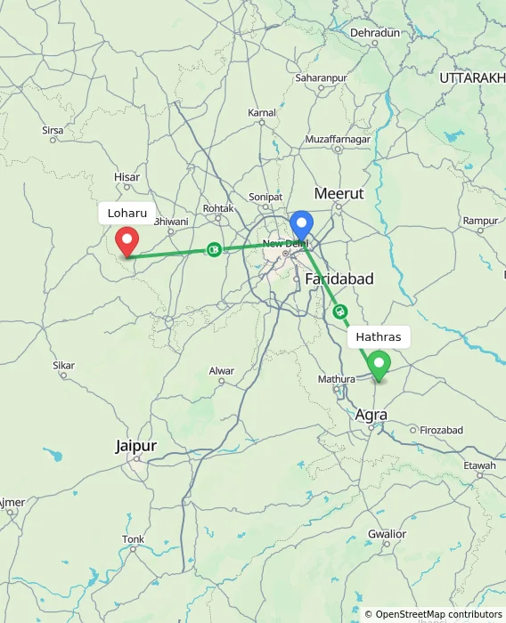Route map showing distance and travel time from Hathras, India to Loharu, India