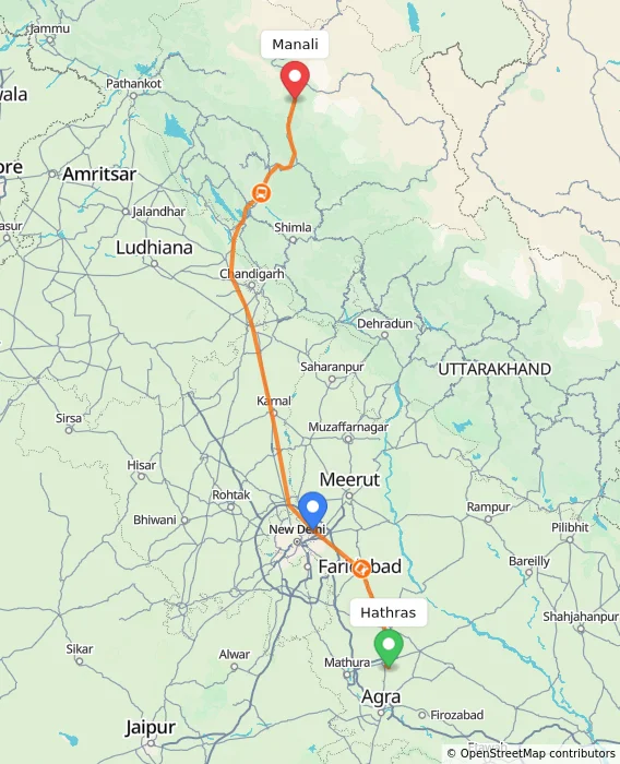 Route map showing distance and travel time from Hathras, India to Manali, India