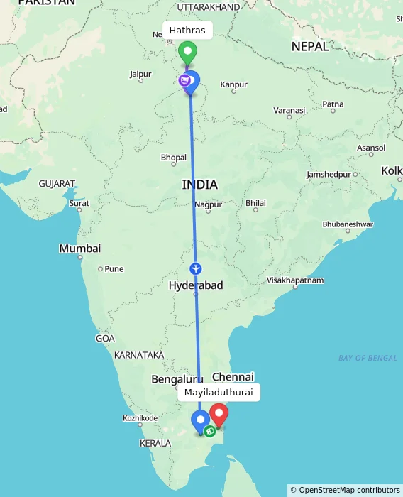 Route map showing distance and travel time from Hathras, India to Mayiladuthurai, India