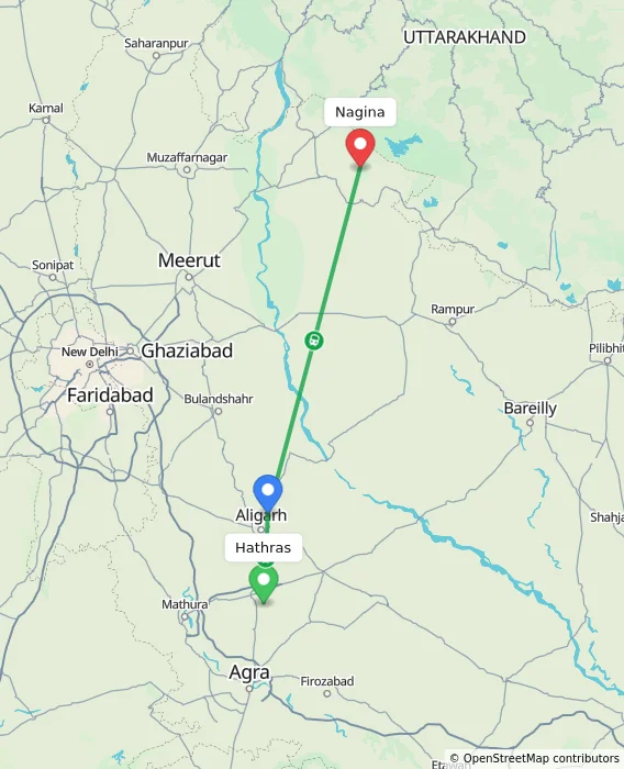 Route map showing distance and travel time from Hathras, India to Nagina, India