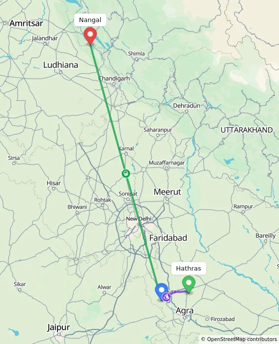 Route map showing distance and travel time from Hathras, India to Nangal, India