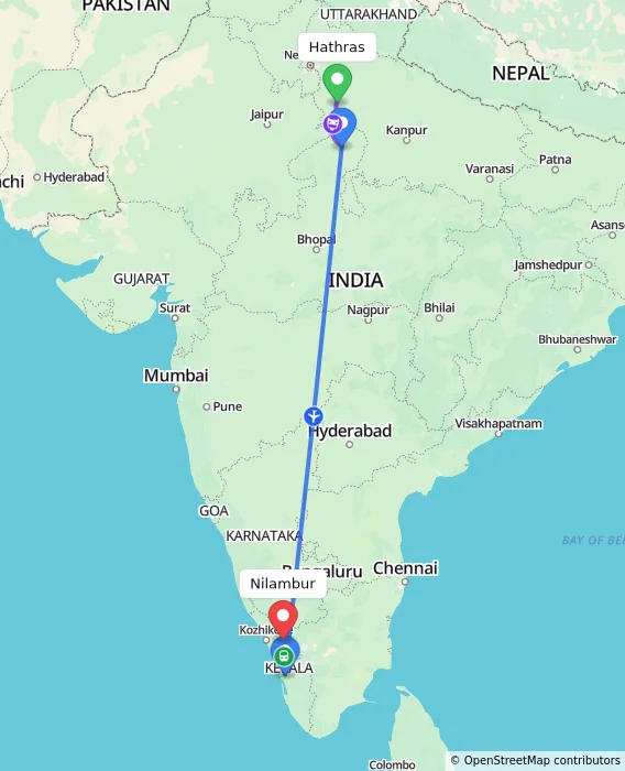 Route map showing distance and travel time from Hathras, India to Nilambur, India