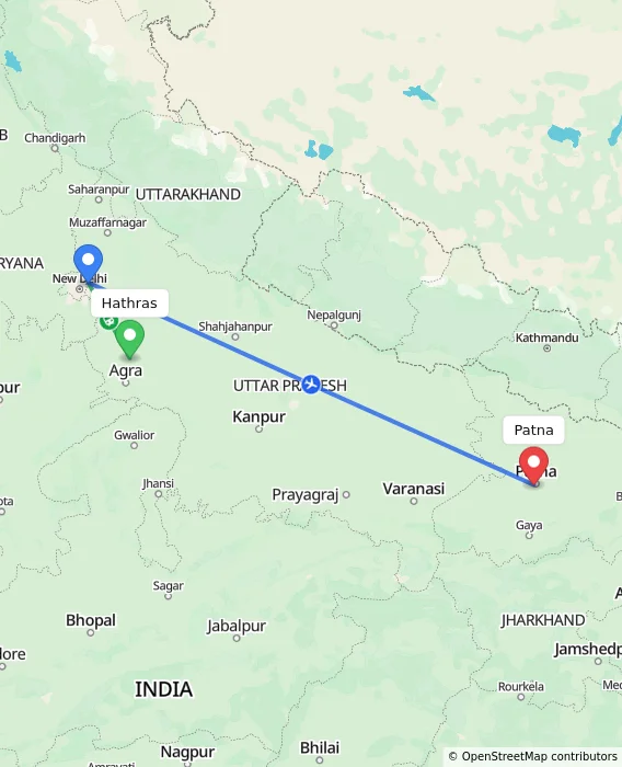 Route map showing distance and travel time from Hathras, India to Patna, India