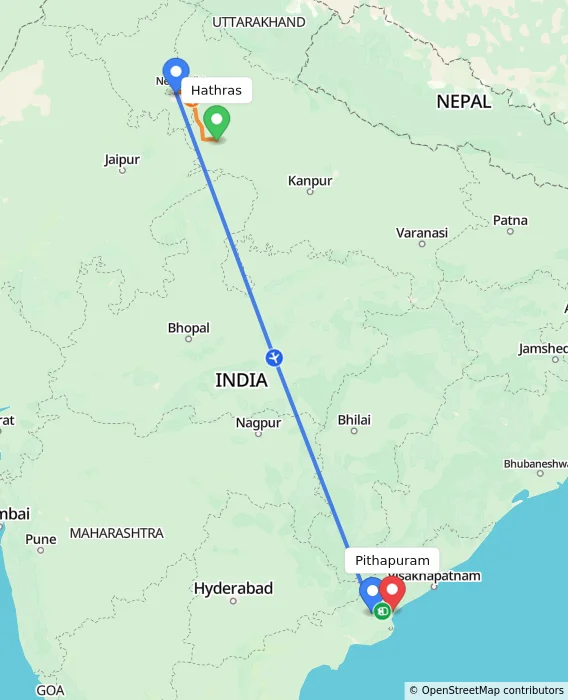 Route map showing distance and travel time from Hathras, India to Pithapuram, India