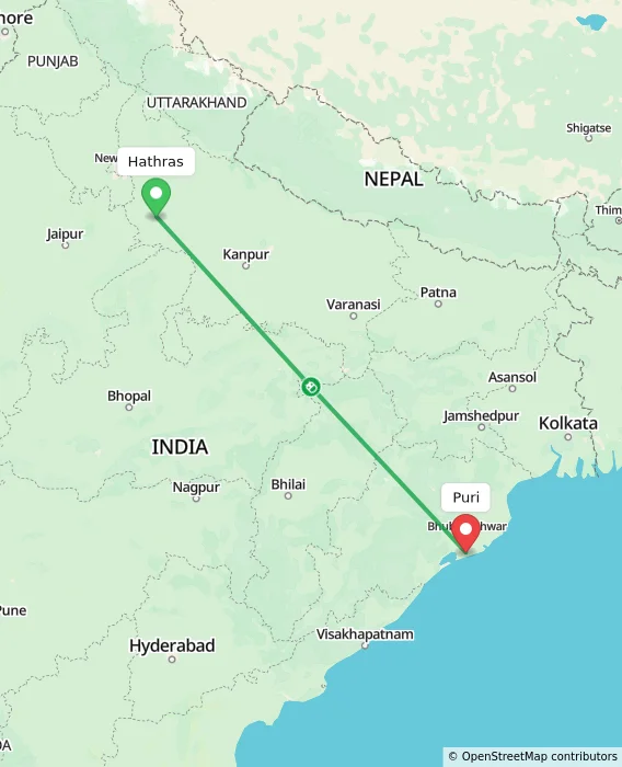 Route map showing distance and travel time from Hathras, India to Puri, India