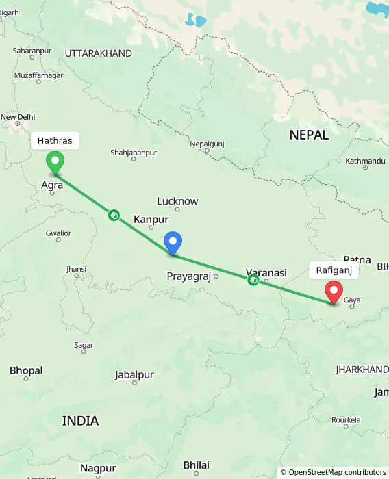 Route map showing distance and travel time from Hathras, India to Rafiganj, India