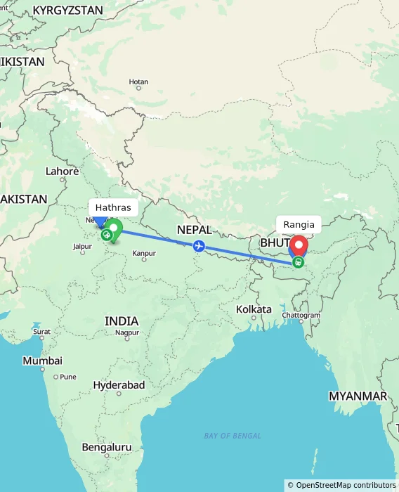 Route map showing distance and travel time from Hathras, India to Rangia, India