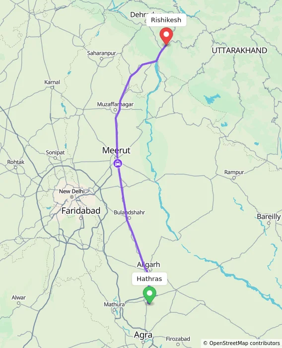 Route map showing distance and travel time from Hathras, India to Rishikesh, India