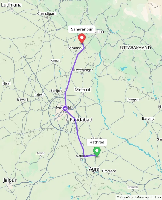 Route map showing distance and travel time from Hathras, India to Saharanpur, India