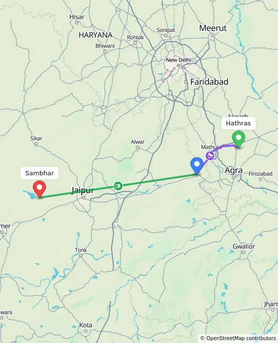 Route map showing distance and travel time from Hathras, India to Sambhar, India