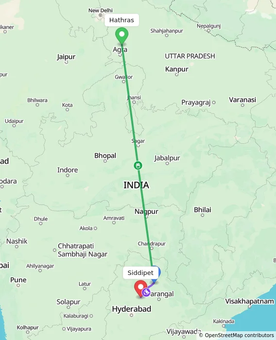 Route map showing distance and travel time from Hathras, India to Siddipet, India