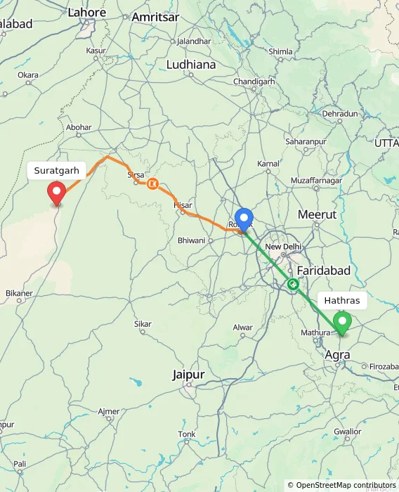 Route map showing distance and travel time from Hathras, India to Suratgarh, India
