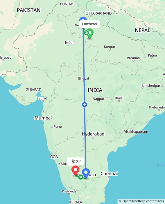 Route map showing distance and travel time from Hathras, India to Tiptur, India