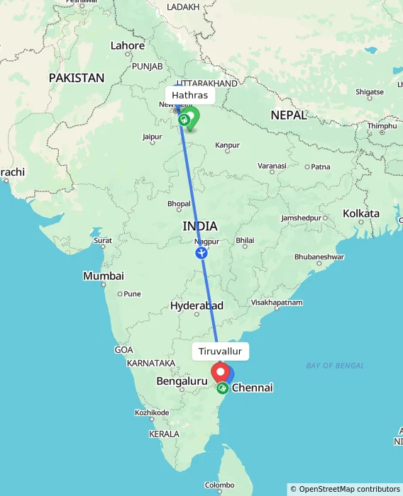 Route map showing distance and travel time from Hathras, India to Tiruvallur, India
