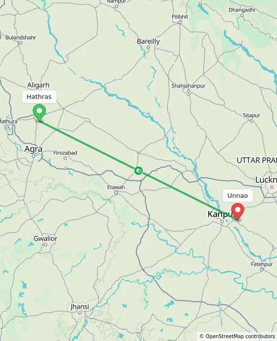Route map showing distance and travel time from Hathras, India to Unnao, India