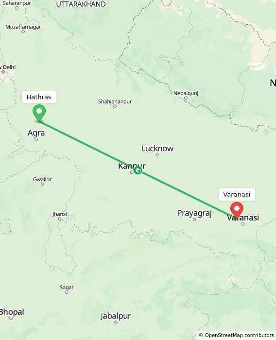 Route map showing distance and travel time from Hathras, India to Varanasi, India
